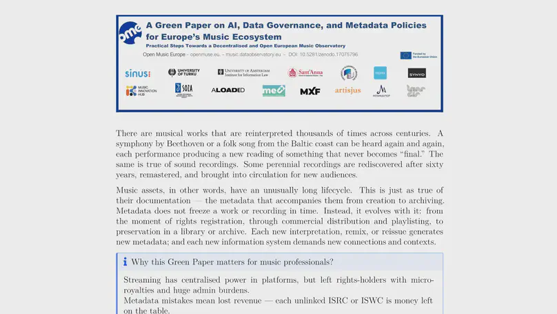 Green Paper on AI, Data Governance, and Metadata Policies for Europe’s Music Ecosystem (v0.1 Early Release)